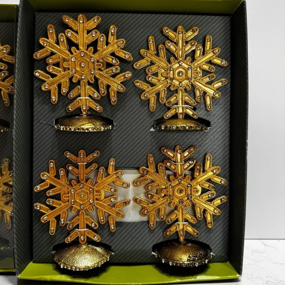 Christmas Fall Gold Glitter Snow Flake Dinner Place Card Holders Set of 8 3.5